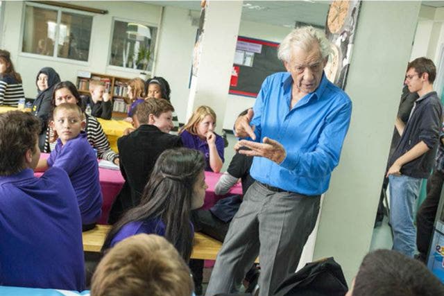 Centre stage: the actor Sir Ian McKellen, visits a school to talk about the effects of homophobia