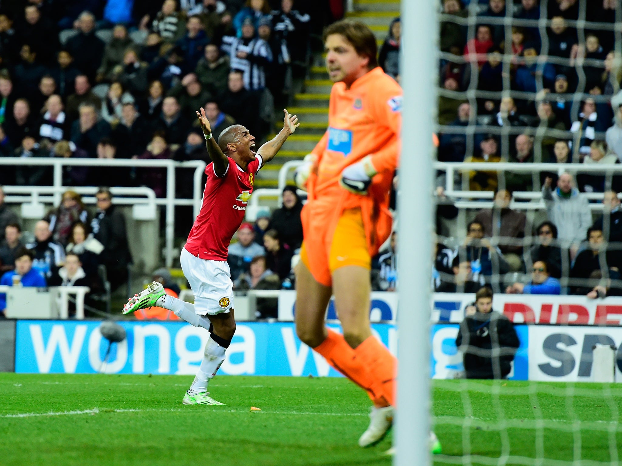 Ashley Young celebrates the winner for Manchester United against Newcastle