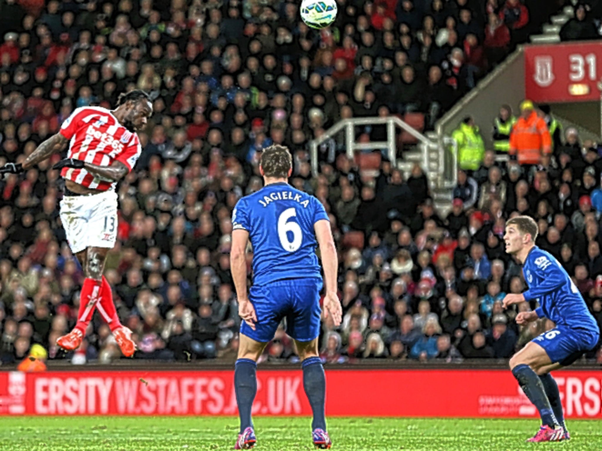 Victor Moses puts Stoke in front with a superb header