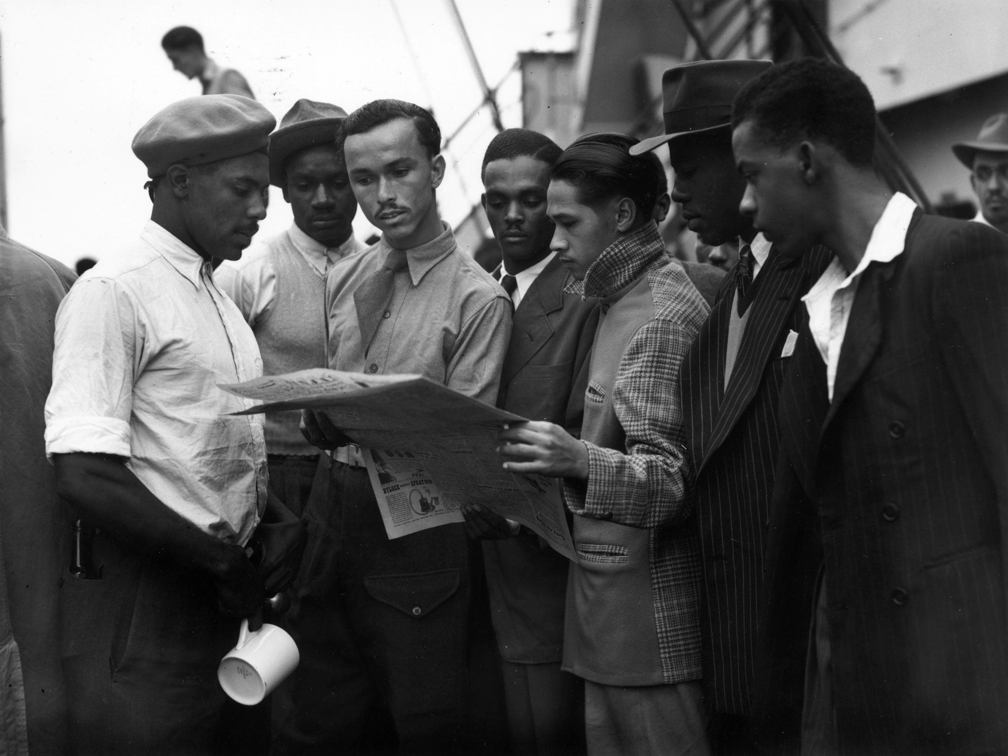 Jamaican men on board the Empire Windrush in 1948