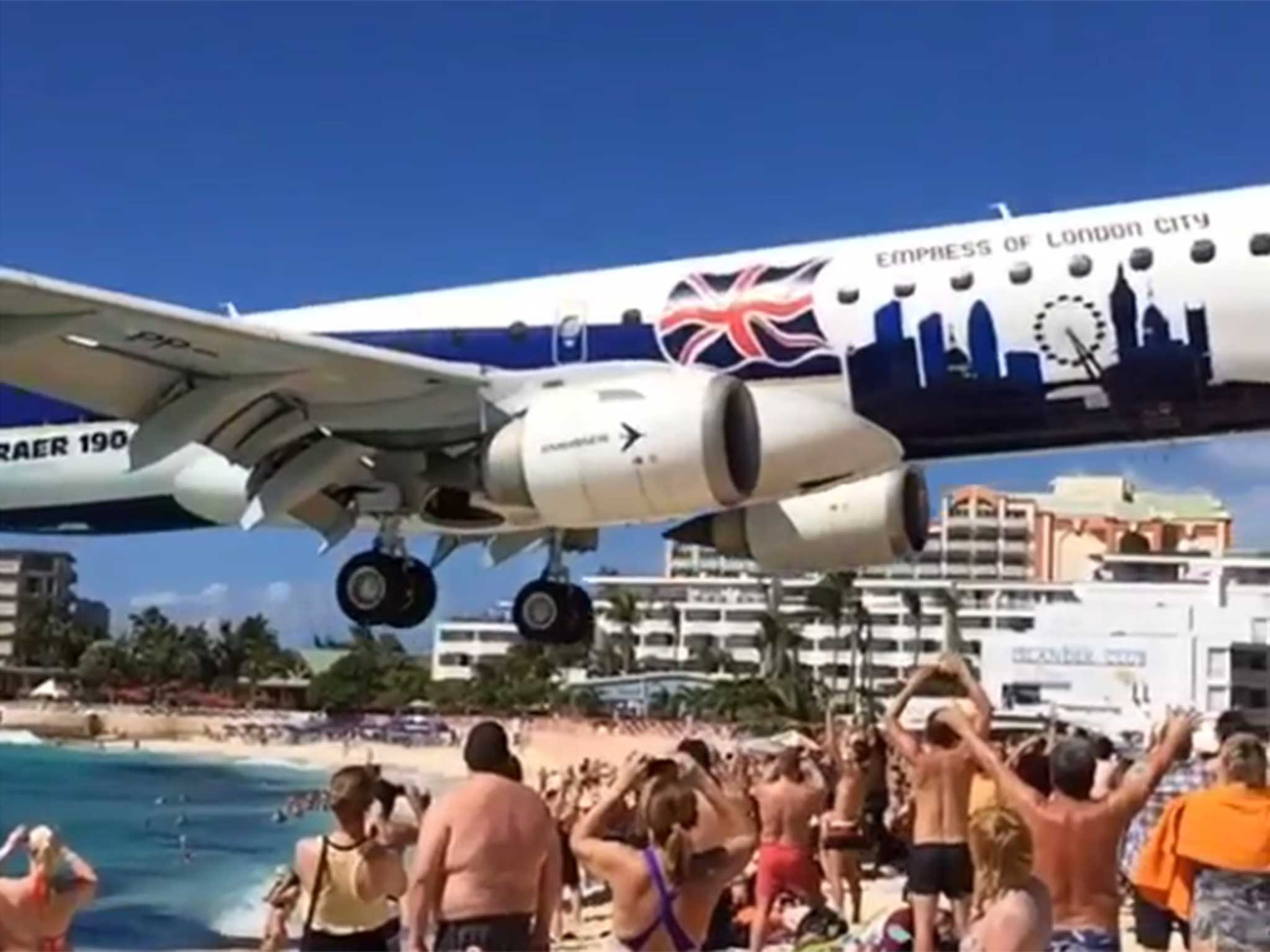 A still from the video showing a plane coming in to land at Prince Juliana International Airport