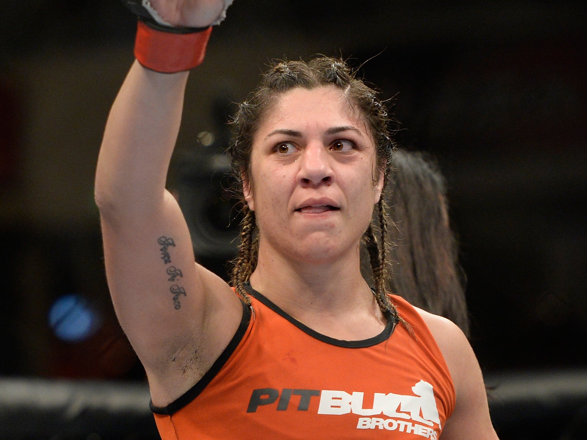 Bethe Correia celebrates after defeating Shayna Baszler