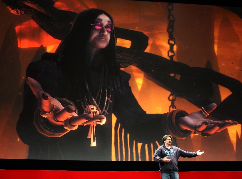 Tim Schafer presents a scene with rocker Ozzy Osbourne starring in Brutal Legend at the Entertainment Software Association press conference leading up to opening day of the 2009 E3 Expo on June 1, 2009 in Los Angeles, California