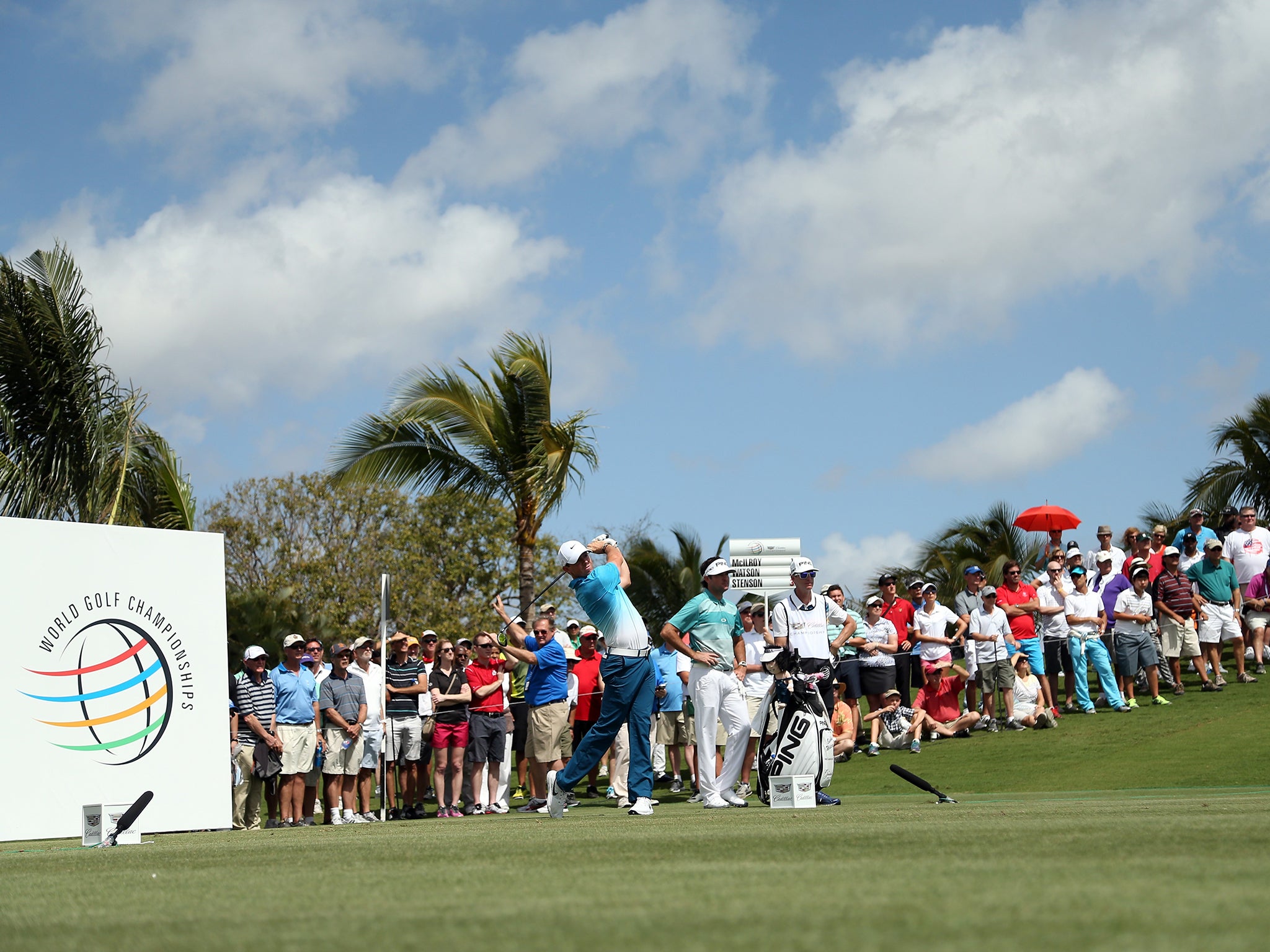 Rory McIlroy tees off at the 16th hole at Doral yesterday