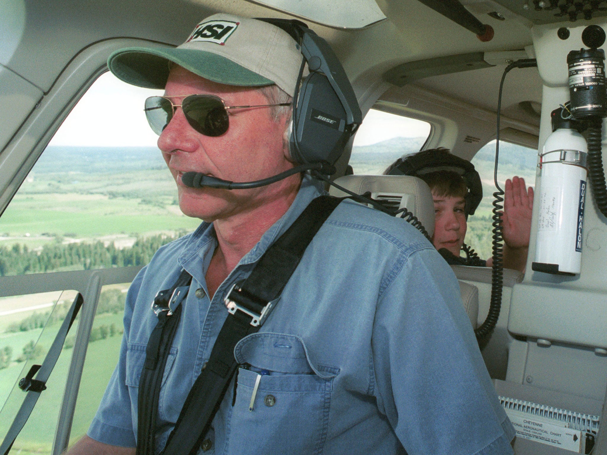 Actor Harrison Ford in his helicopter in 2001, where he found and rescued 13-year-old boy scout Cody Clawson in Wyoming