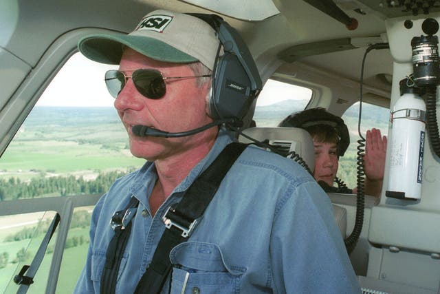 Actor Harrison Ford in his helicopter in 2001, where he found and rescued 13-year-old boy scout Cody Clawson in Wyoming