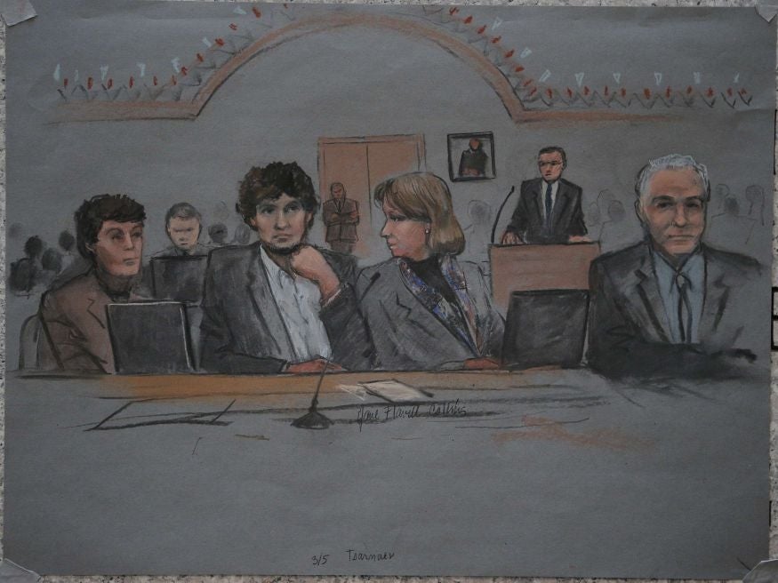 A courtroom sketch shows accused Boston Marathon bomber Dzhokhar Tsarnaev in court on the second day of his trial
