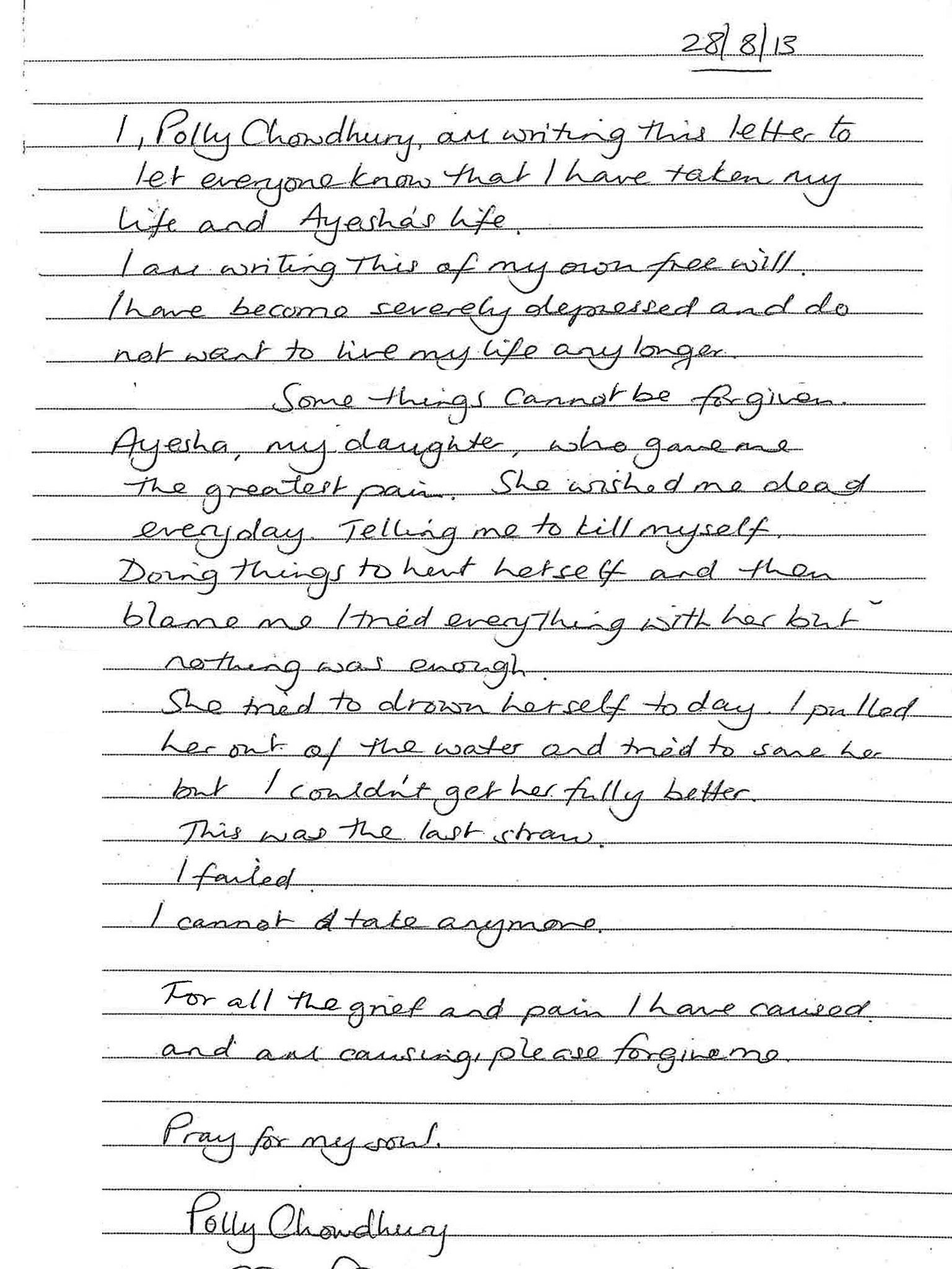 A letter left by Polly Chowdhury on the day of Ayesha Ali's death, when she tried to kill herself