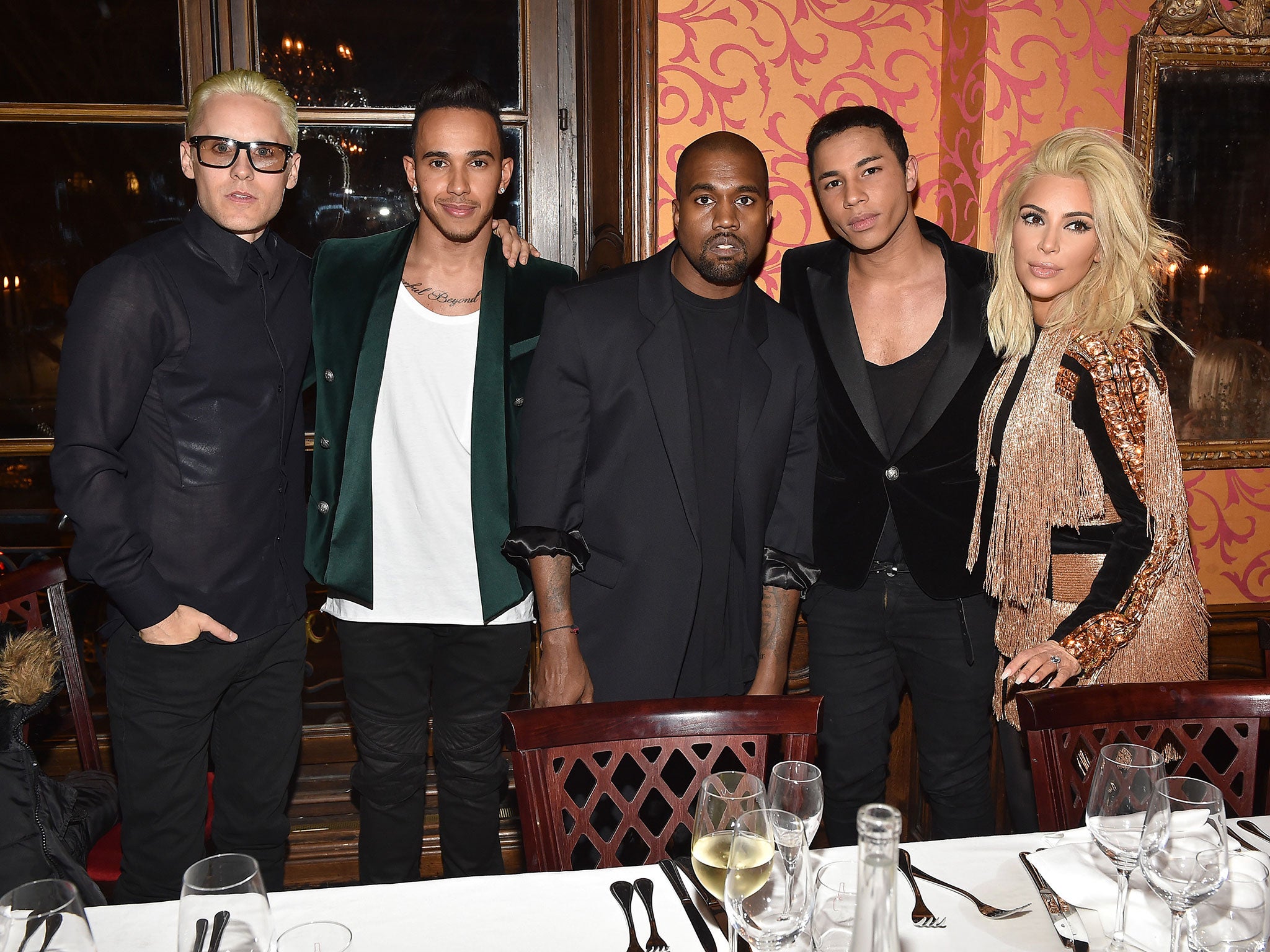 Jared Leto, Lewis Hamilton, Kanye West, Olivier Rousteing, Kim Kardashian attend the Balmain aftershow dinner