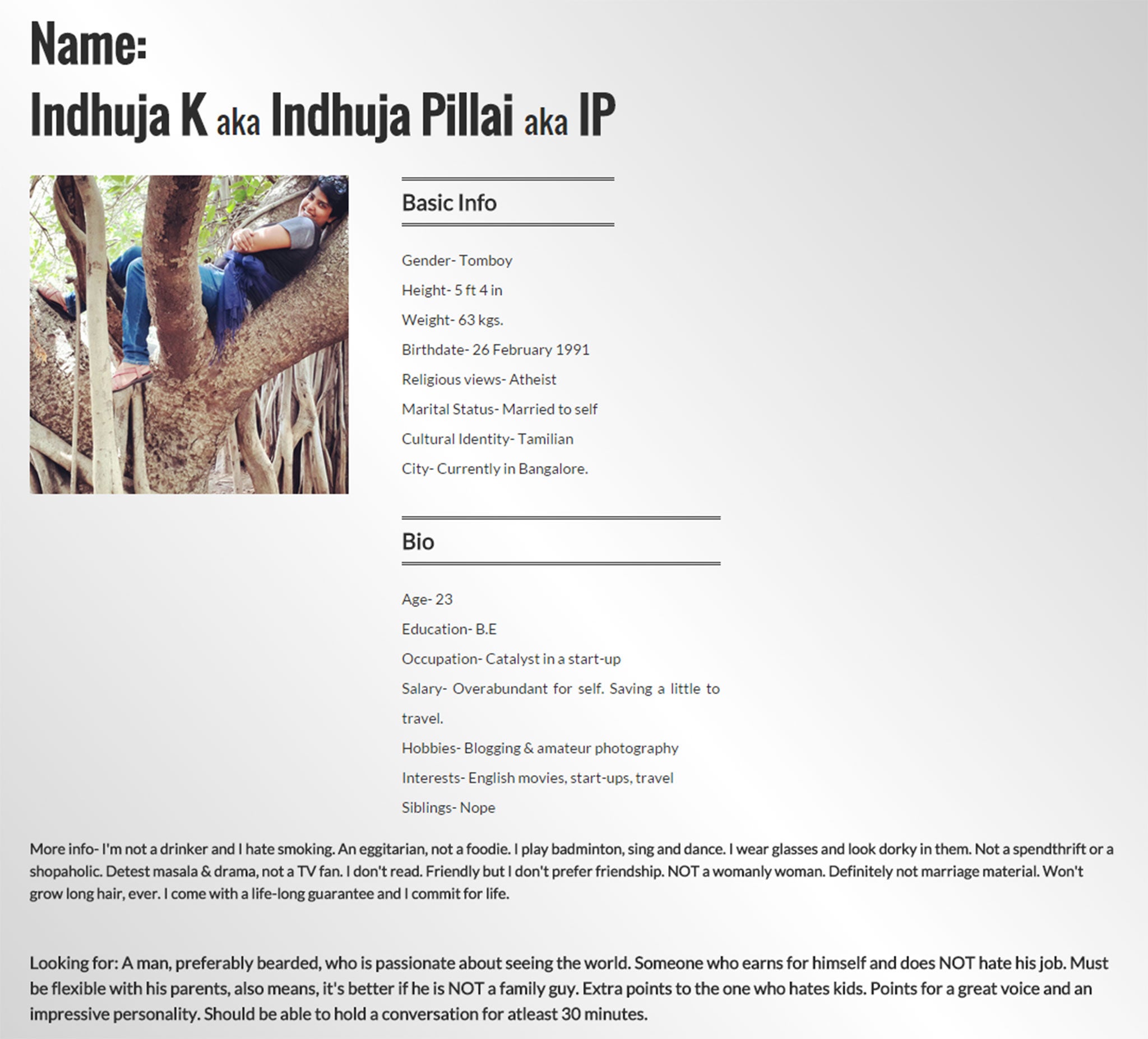 Injhuja Pillai's 'Marriage CV' on her website