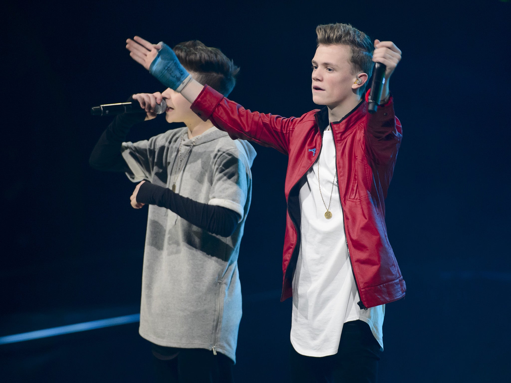Charlie Lenehan and Leondre Devries of Bars and Melody at We Day 2015 in Wembley