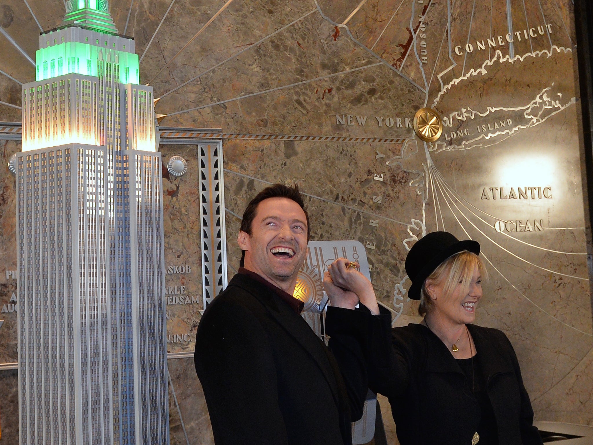 Hugh Jackman and Deborra-Lee Furness smile in New York