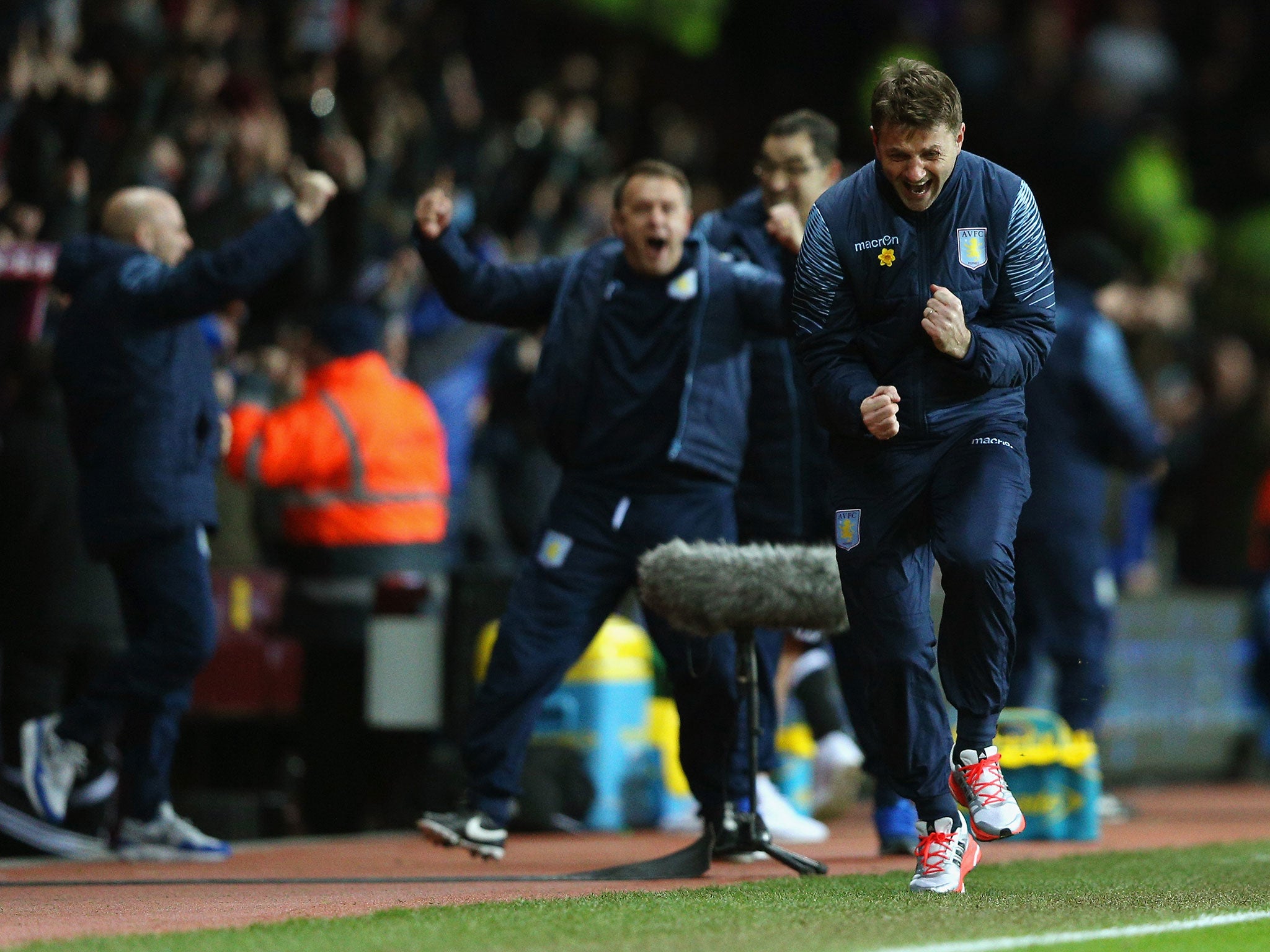 Sherwood celebrates Christian Benteke's late penalty to give him his first Villa win