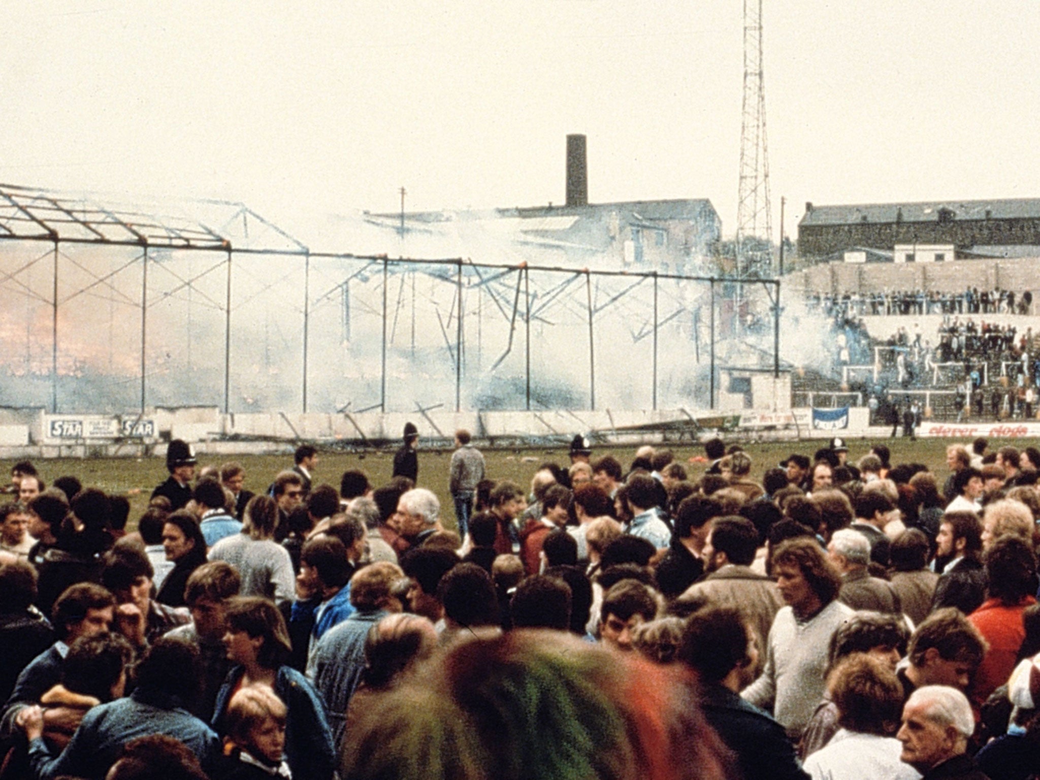 The main stand at Valley Parade on fire in 1985