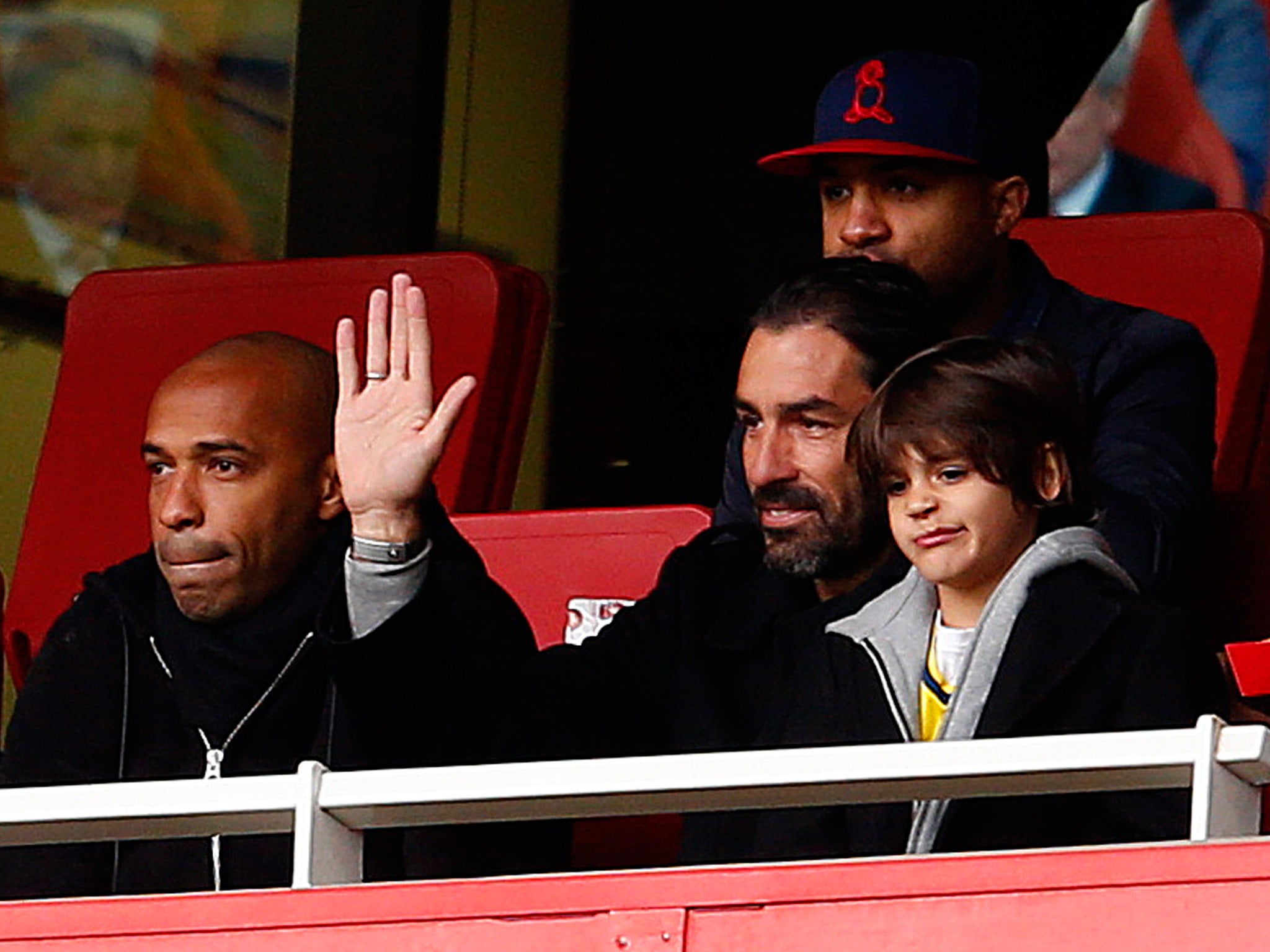 Robert Pires watches Arsenal with his son Theo and fellow ex-Gunners legend Thierry Henry