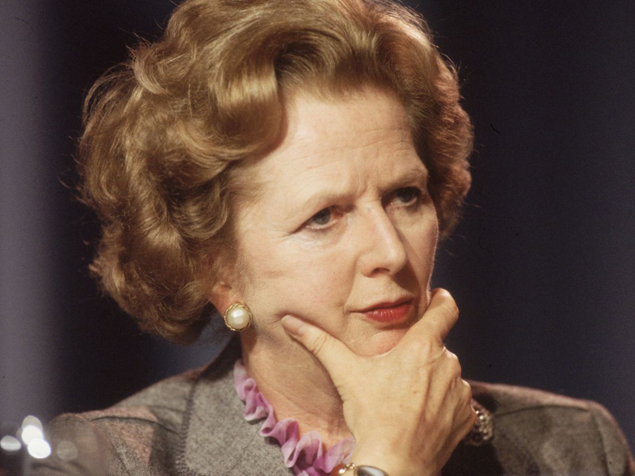 Margaret Thatcher looking pensive at the Conservative Party Conference in Blackpool in October 1985