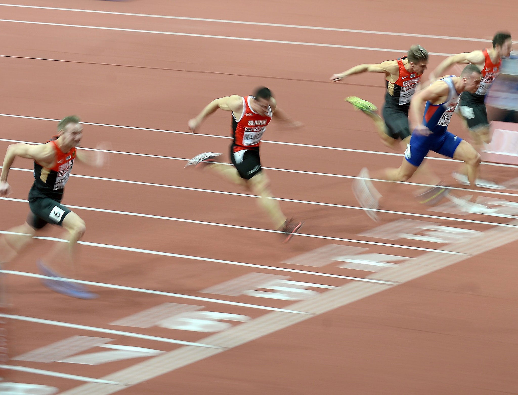 Richard Kilty crosses the line to take 60m gold at the European Indoor Championships in Prague