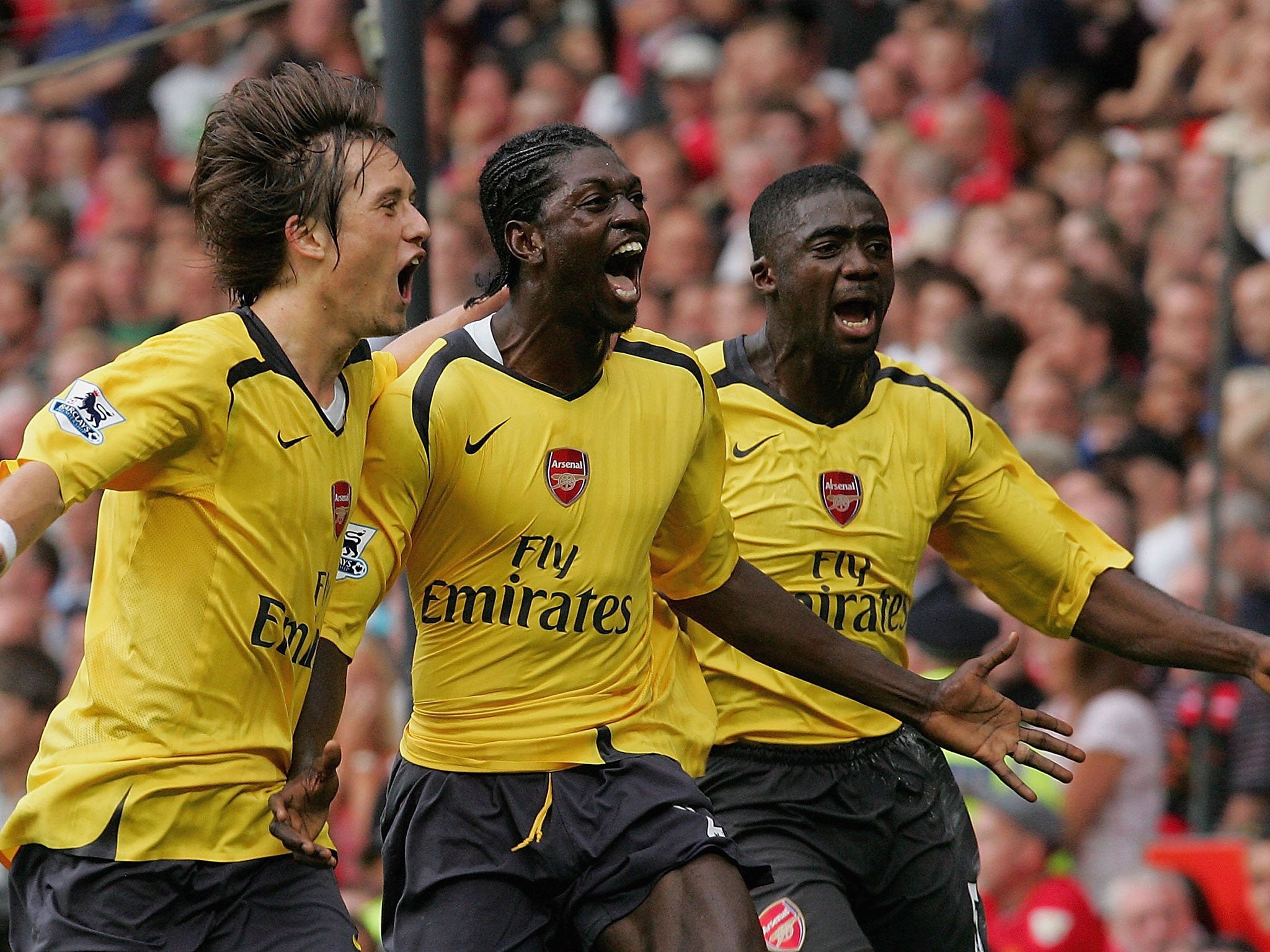 Emmanuel Adebayor celebrates his goal against Manchester United in 2006, when Arsenal last won at Old Trafford in the league