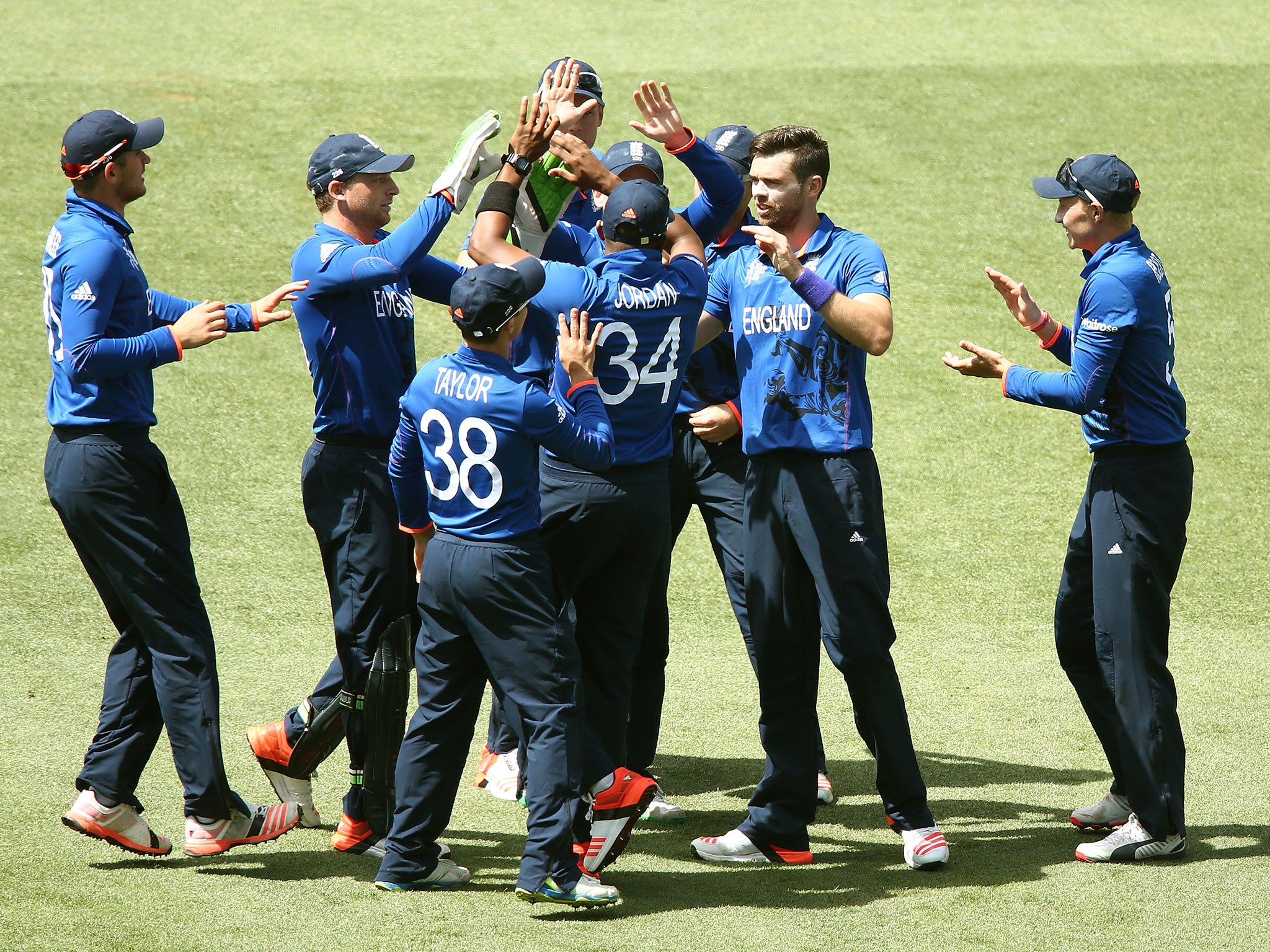 England celebrate the wicket of Imrul Kayes
