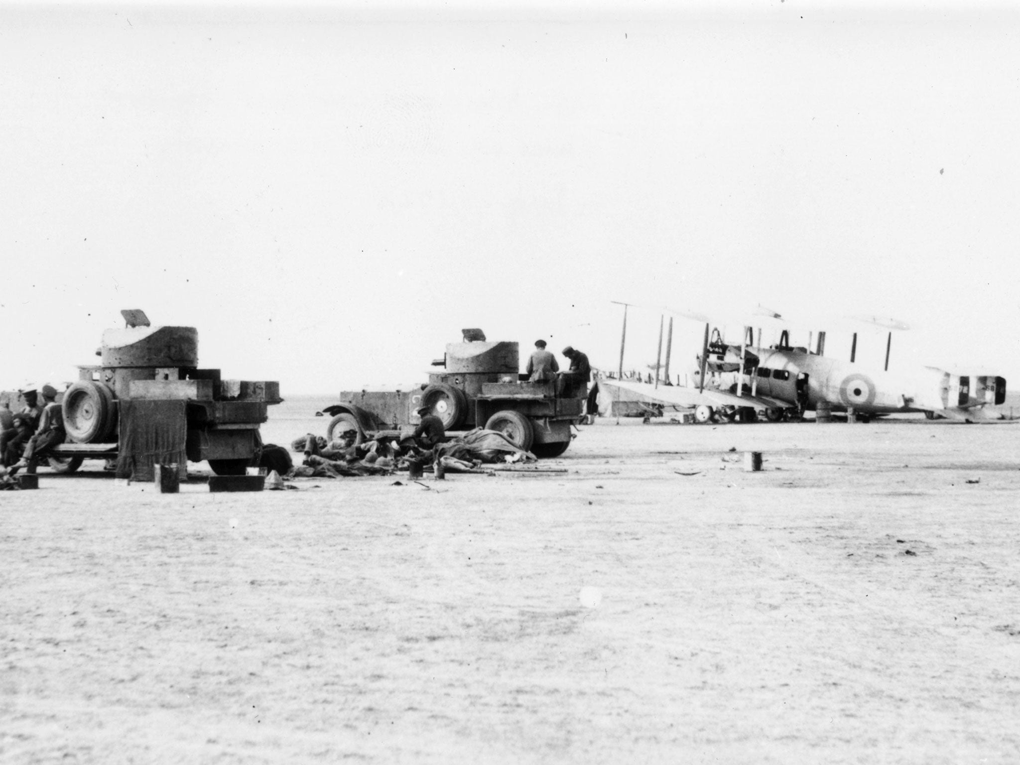 British RAF armoured cars and bomber planes on duty in Iraq during the Mesopotamia conflict.