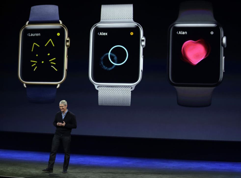Apple’s CEO, Tim Cook, introduces the Apple Watch in San Francisco on Monday (AP)
