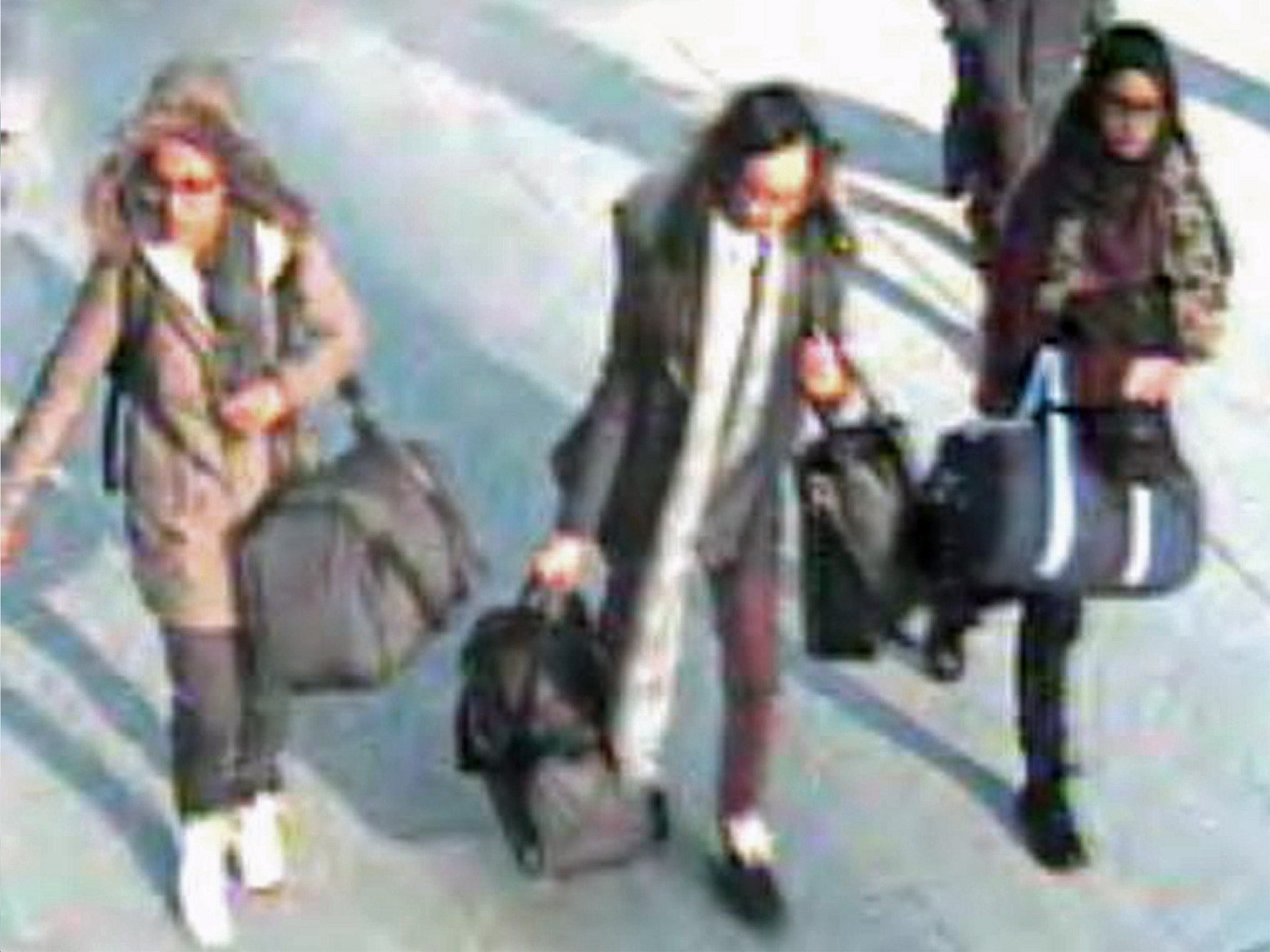 Left to right: Amira Abase, Kadiza Sultana and Shamima Begum waught on CCTV at Gatwick airport on their way to Turkey last month