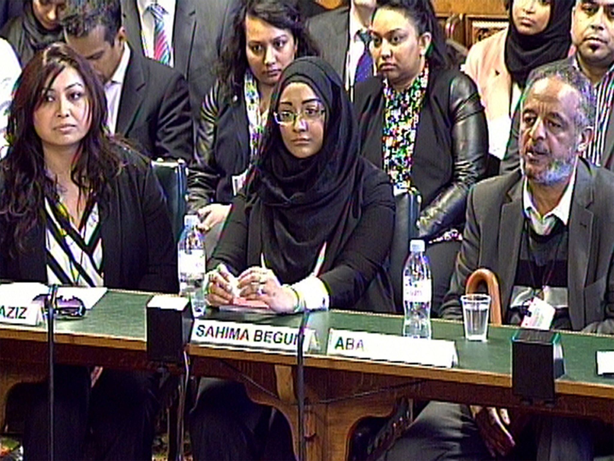 From left: Fahmida Aziz, Kadiza Sultana’s cousin; Sahima Begum, Shamima’s older sister, and Hussen Abase, father of Amira, appear before the committee on Tuesday