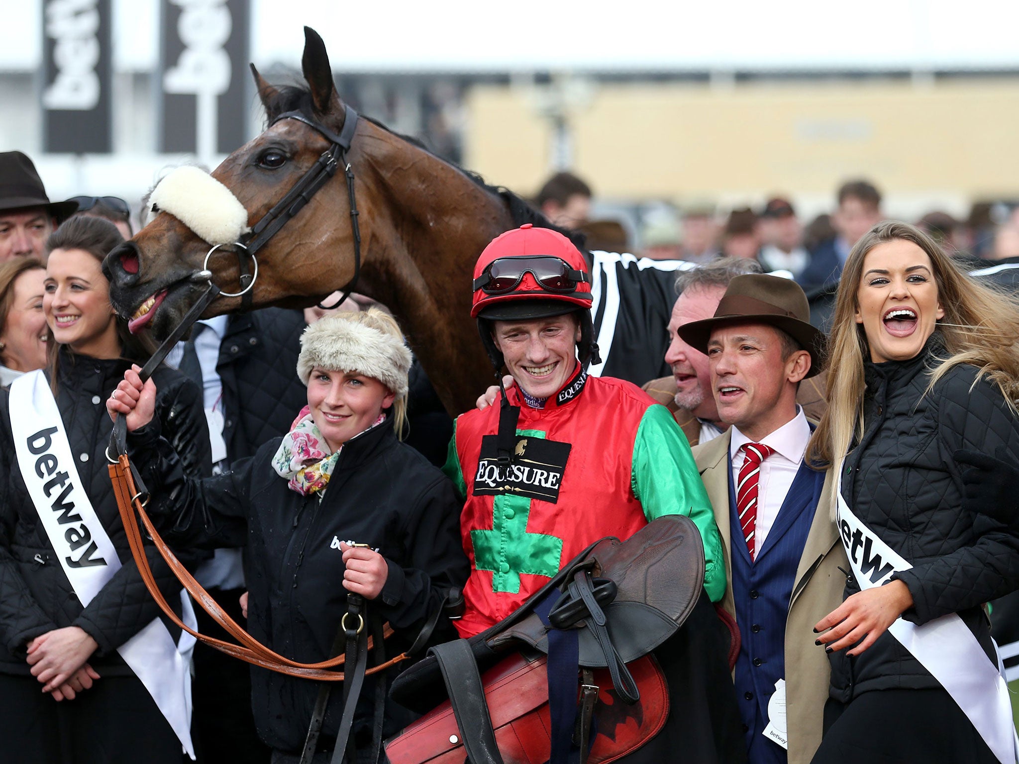 Sam Twiston-Davies celebrates victory in the Queen Mother Champion Chase on Dodging Bullets