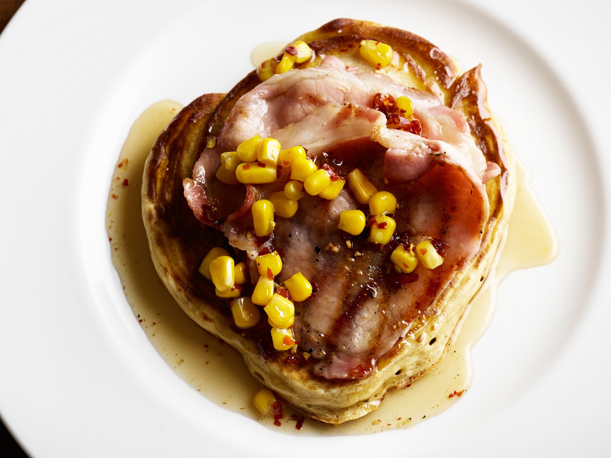 Spelt and corn drop scones with bacon and chilli honey