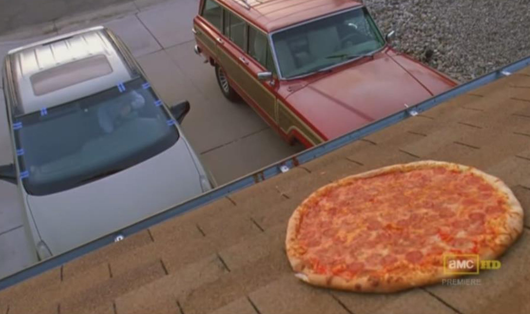 Walter White hurls a pizza onto the roof of his home in the memorable Breaking Bad scene