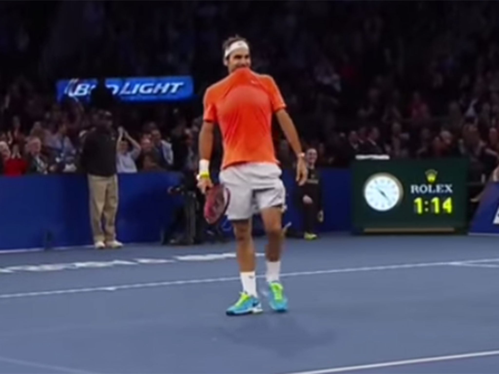 Federer responds to losing a point against a school kid.