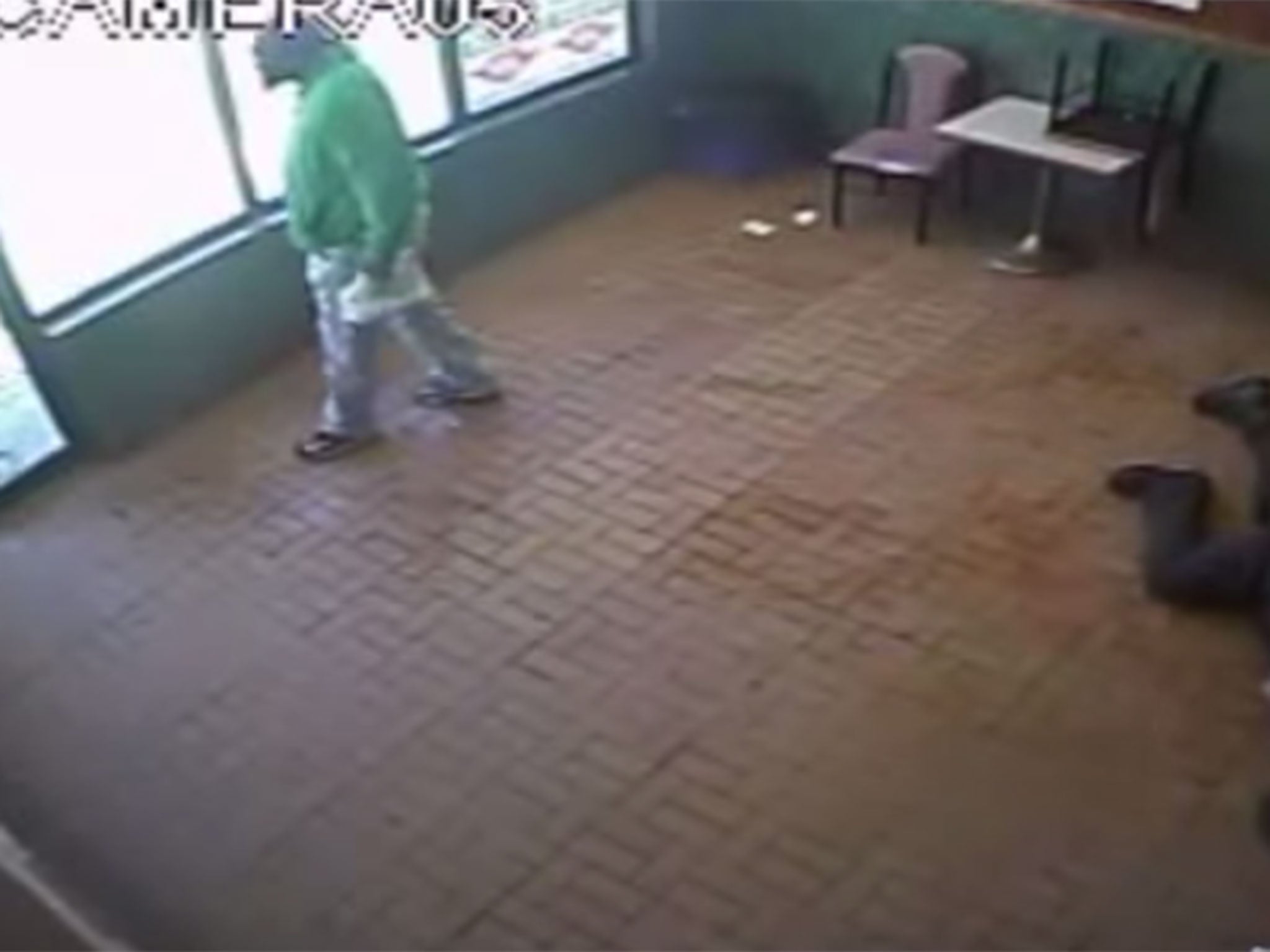 The suspect was last seen exiting the shop with his food