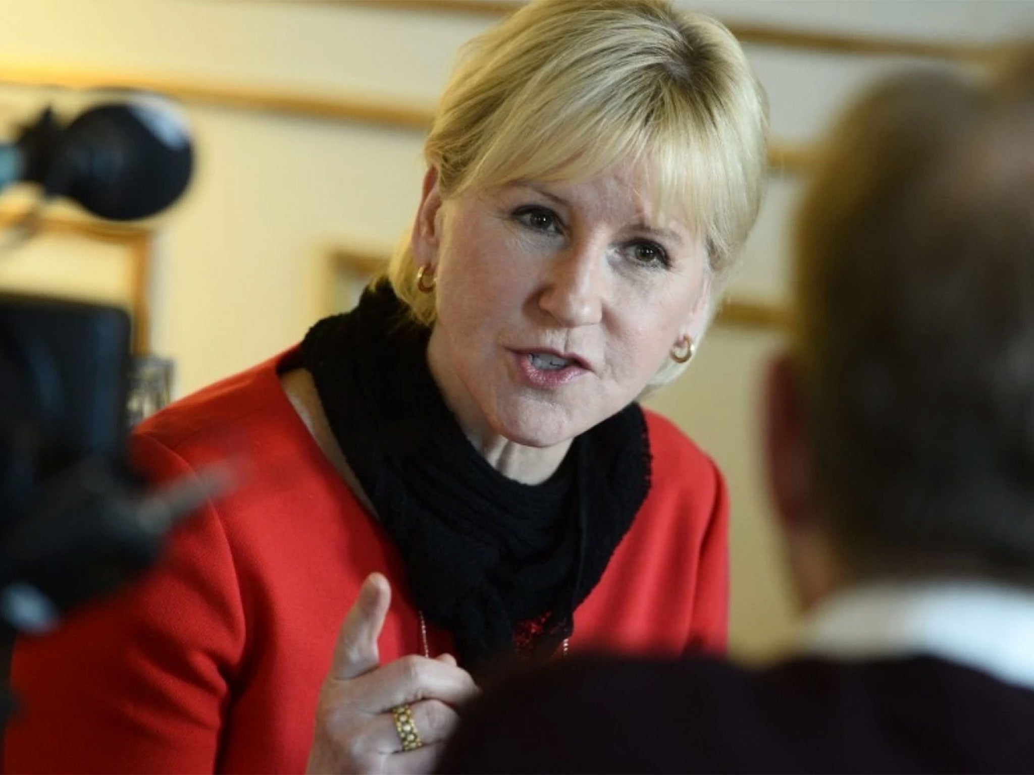 Swedish Foreign Minister Margot Wallstrom gestures during an interview with Sweden's TT News Agency at the Ministry of Foreign Affairs in central Stockholm on March 11