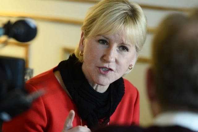 Swedish Foreign Minister Margot Wallstrom gestures during an interview with Sweden's TT News Agency at the Ministry of Foreign Affairs in central Stockholm on March 11