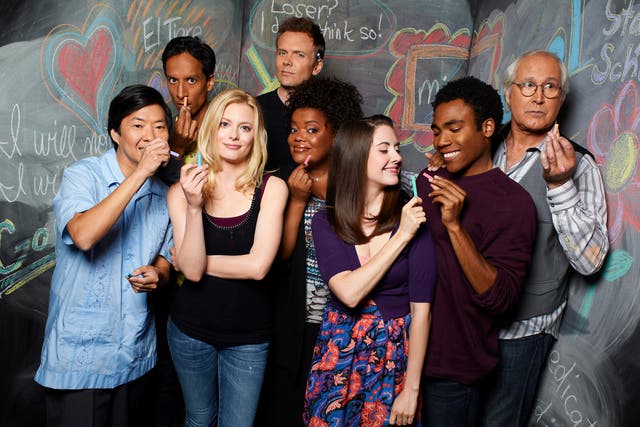 Chalking up a hit: Ken Jeong as Senøor Chang, Danny Pudi as Abed, Gillian Jacobs as Britta, Joel McHale as Jeff Winger, Yvette Nicole Brown as Shirley, Alison Brie as Annie, Donald Glover as Troy, Chevy Chase as Pierce in Community