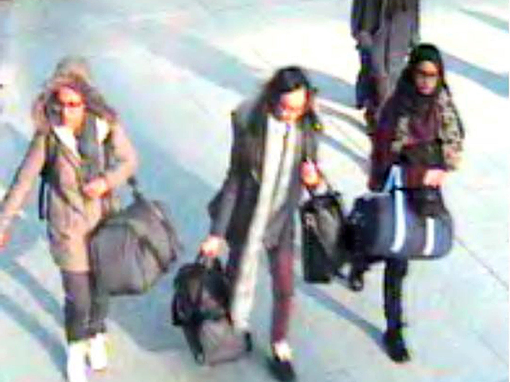 Amira Abase, Kadiza Sultana and Shamima Begum waught on CCTV at Gatwick airport on their way to Turkey last month