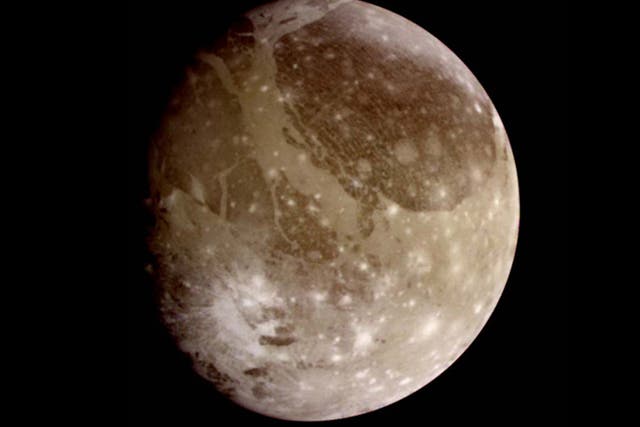 This natural color view of Ganymede was taken from the Galileo spacecraft during its first encounter with the Jovian moon