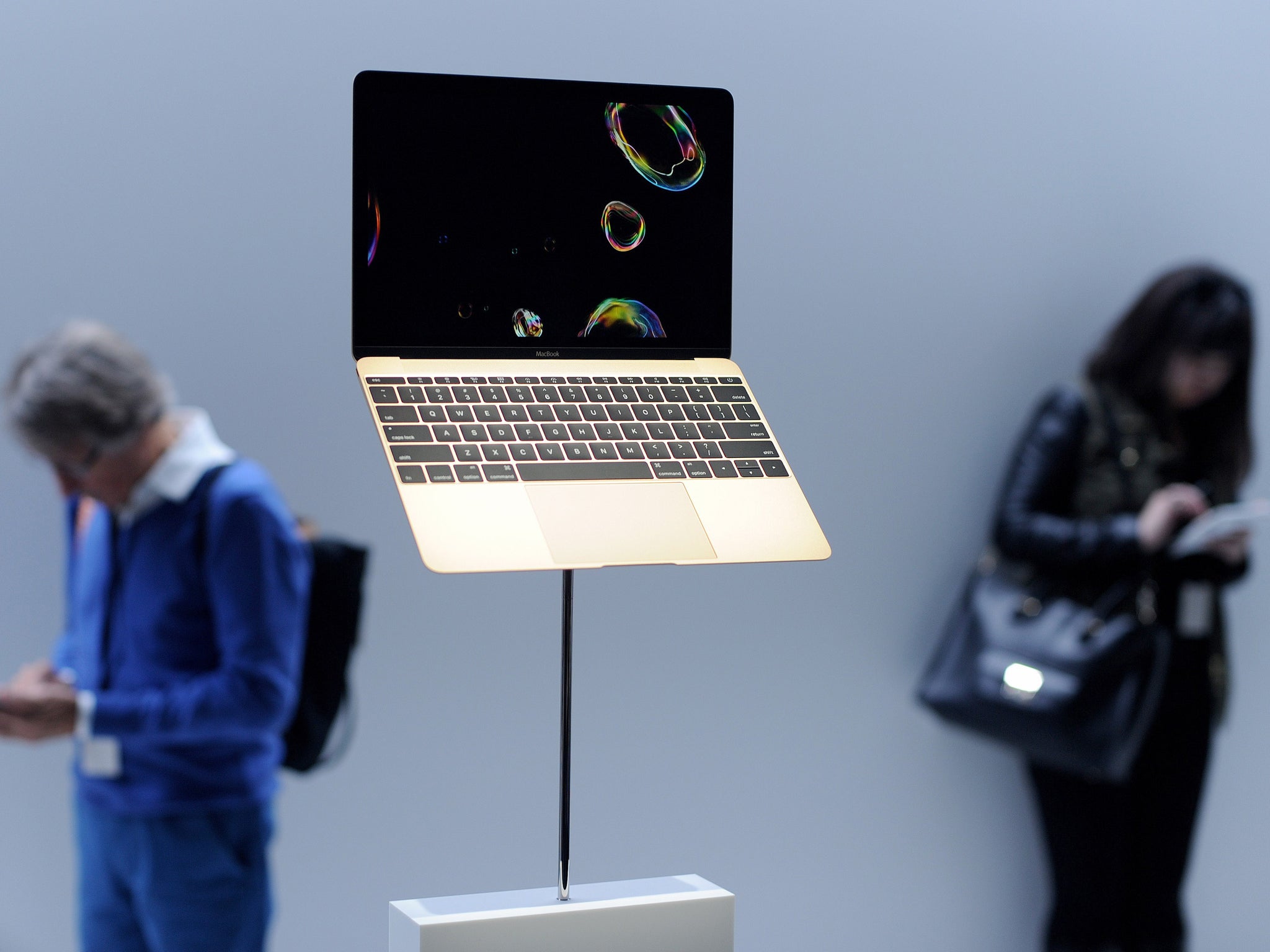 A new Macbook Pro is seen on display at an Apple media event in San Francisco, California on March 9, 2015