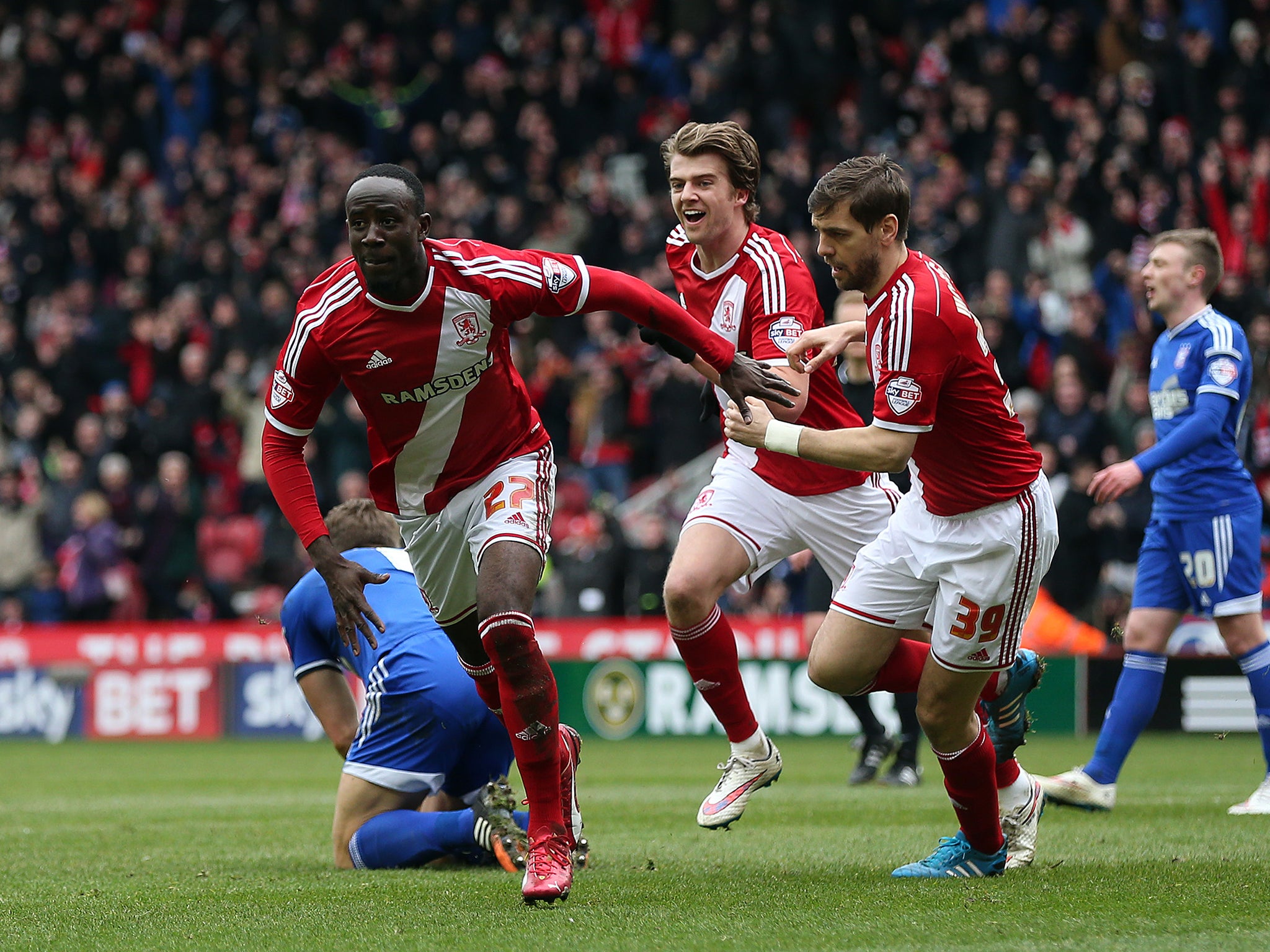 Albert Adomah of Middlesbrough celebrates scoring his side's second goal