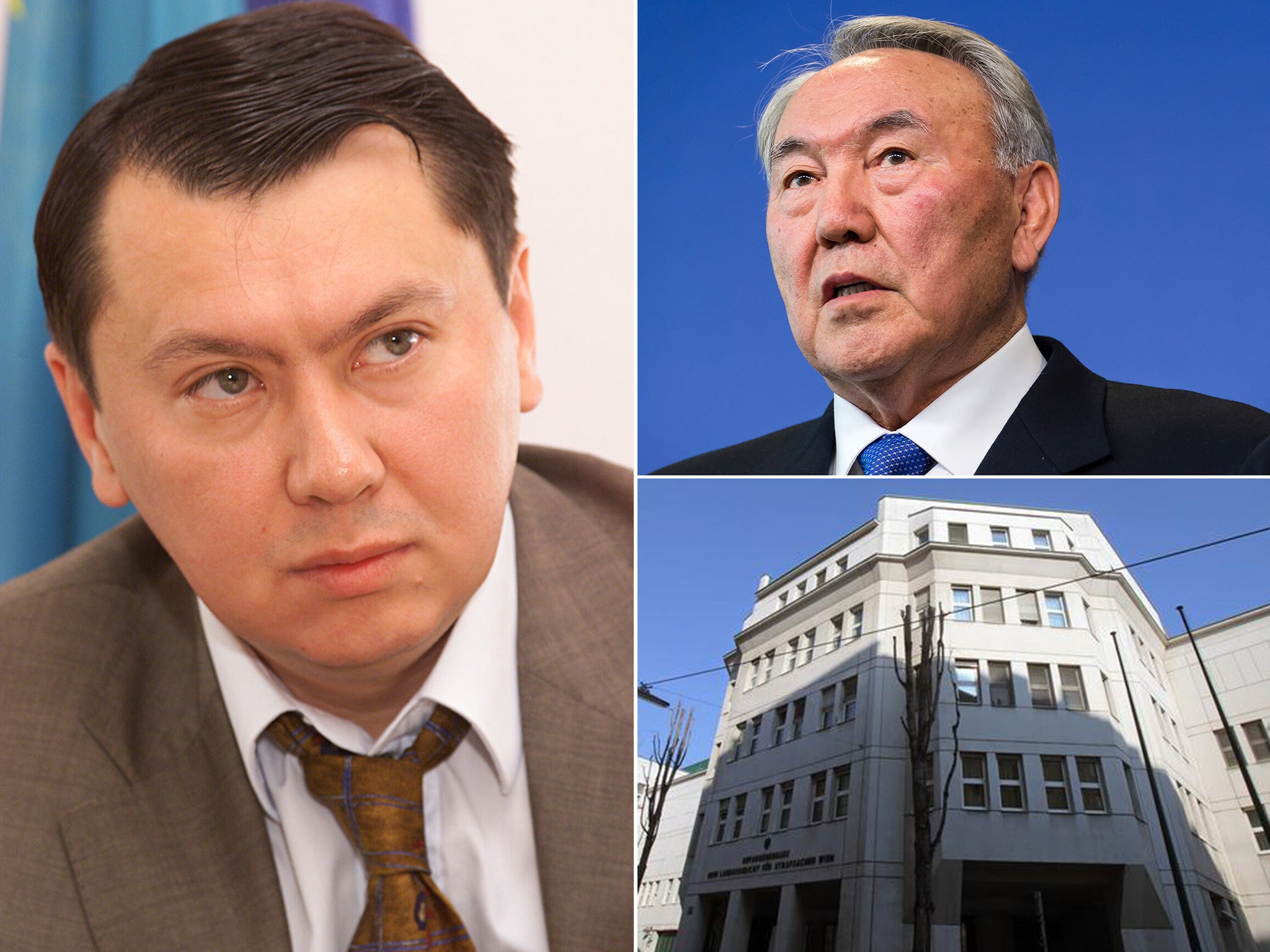 (Clockwise from left): Rakhat Aliyev, President Nursultan Nazarbayev and the Josefstadt prison in Vienna where Aliyev died