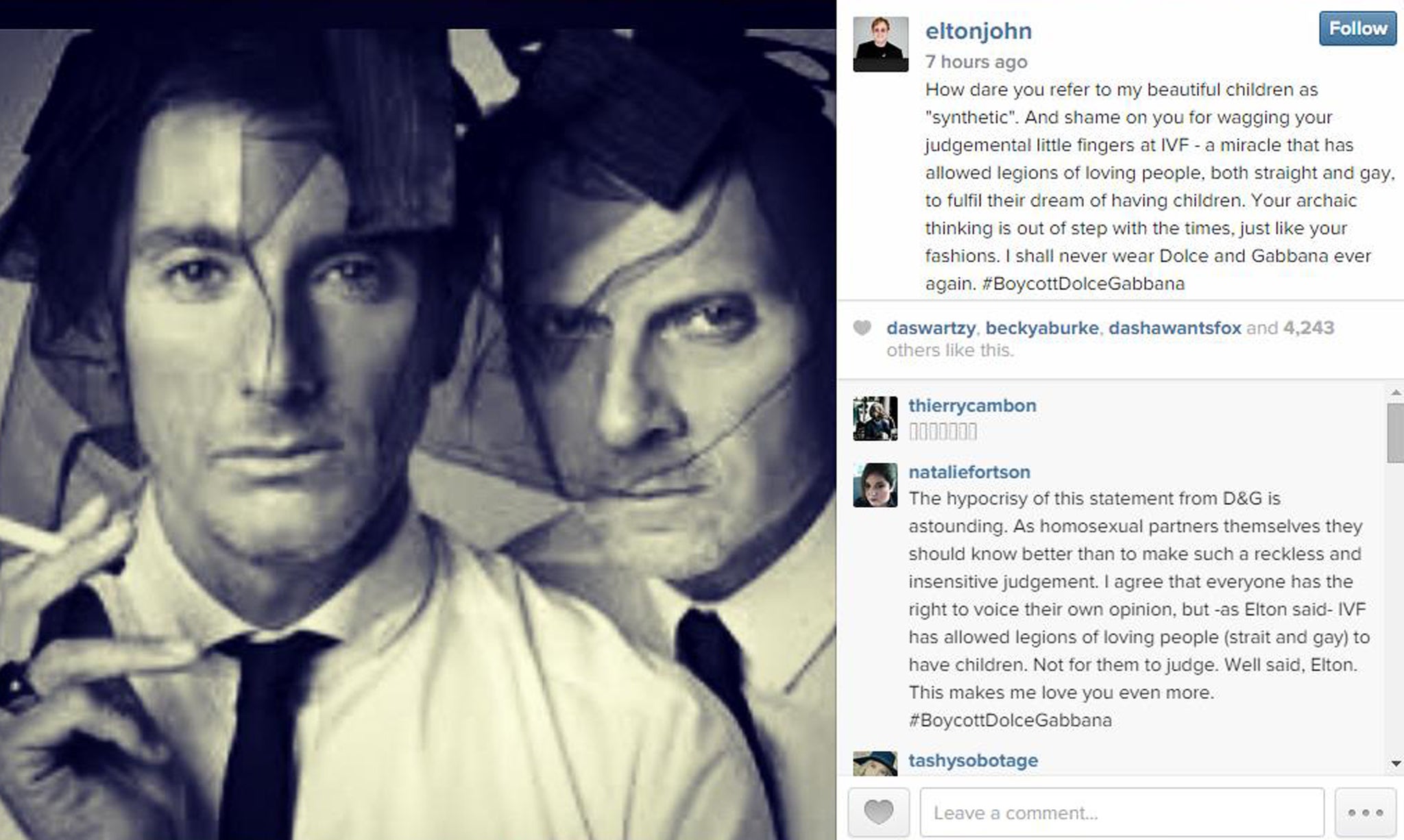 Elton John responds to Dolce and Gabbana on Instagram