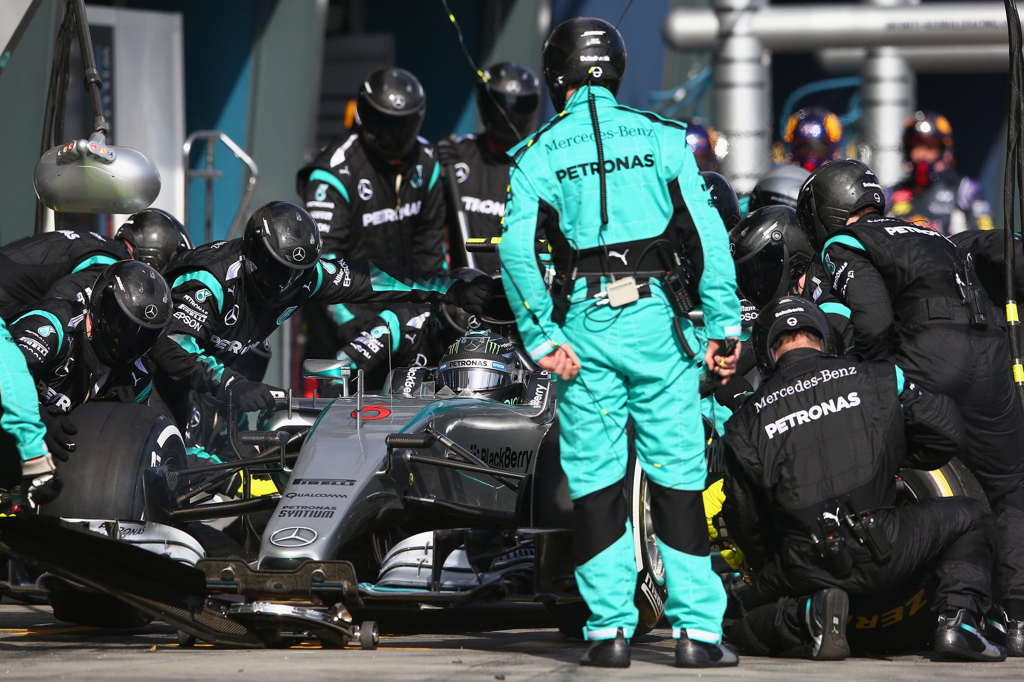 German Nico Rosberg makes a frantic pit stop