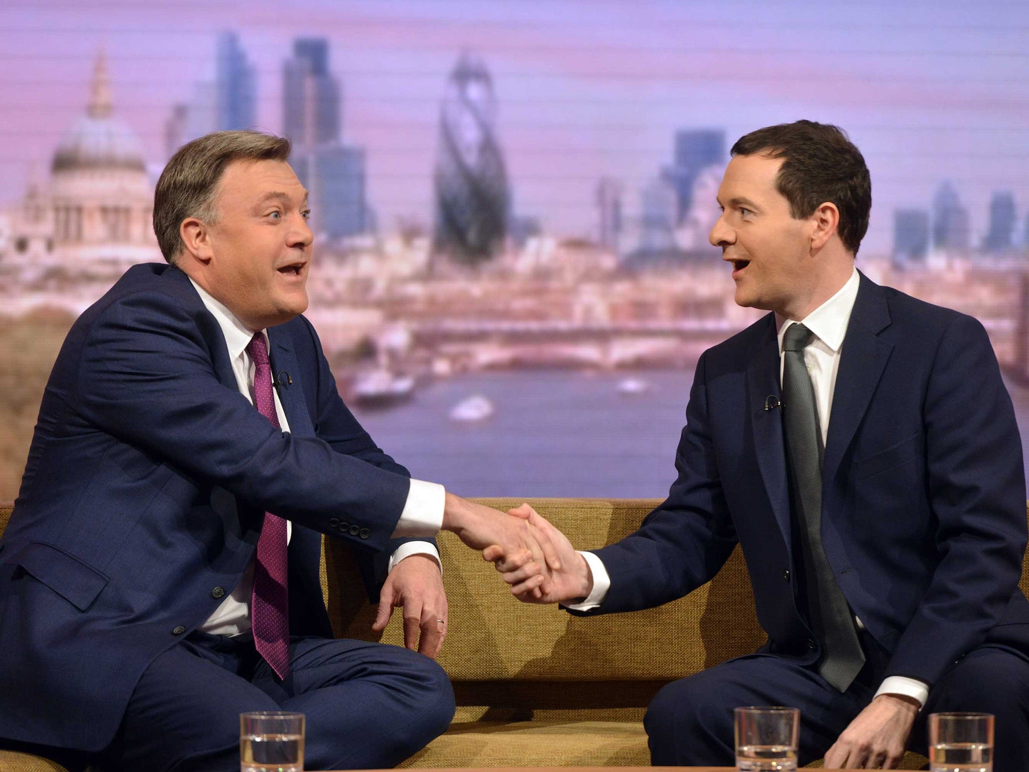 Shadow Chancellor Ed Balls (left) and Chancellor George Osborne appearing on BBC One's The Andrew Marr Show