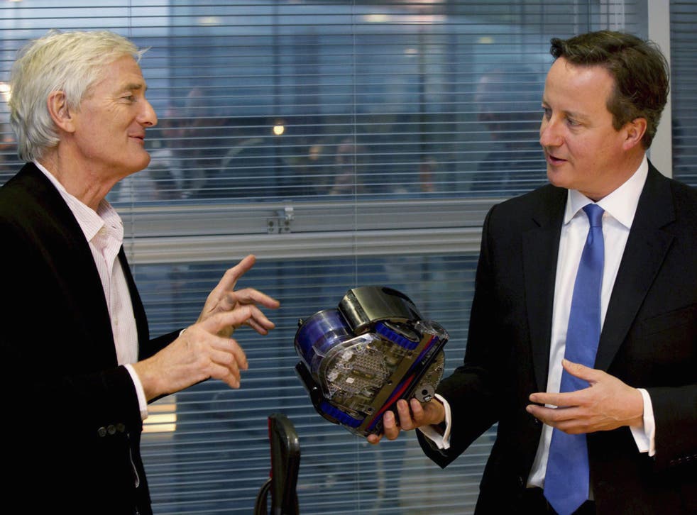 David Cameron views vacuum design products with James Dyson at the Dyson headquarters in Malmesbury, south west England