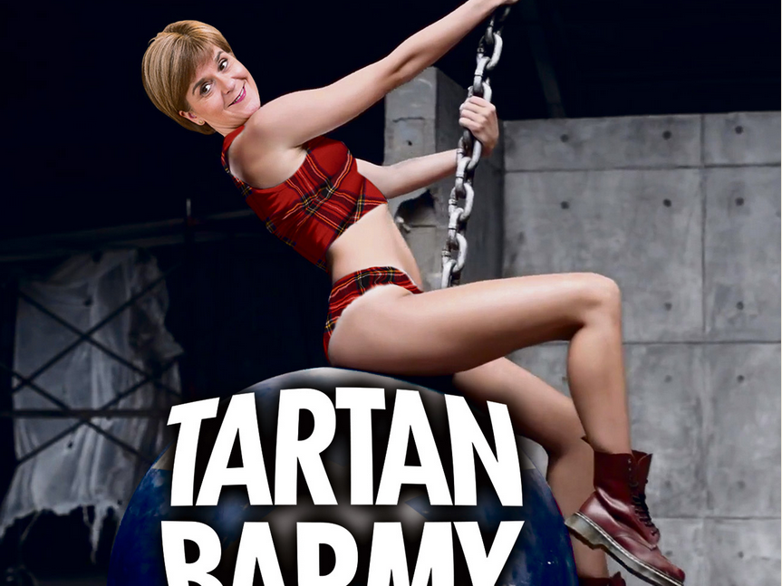 Nicola Sturgeon's face was cropped onto a picture of Miley Cyrus riding a wrecking ball by The Sun last week (The Sun)