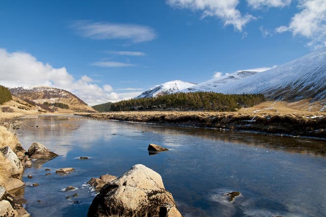 A river flows through the Monadhliath Mountains, where a wind farm has been proposed
