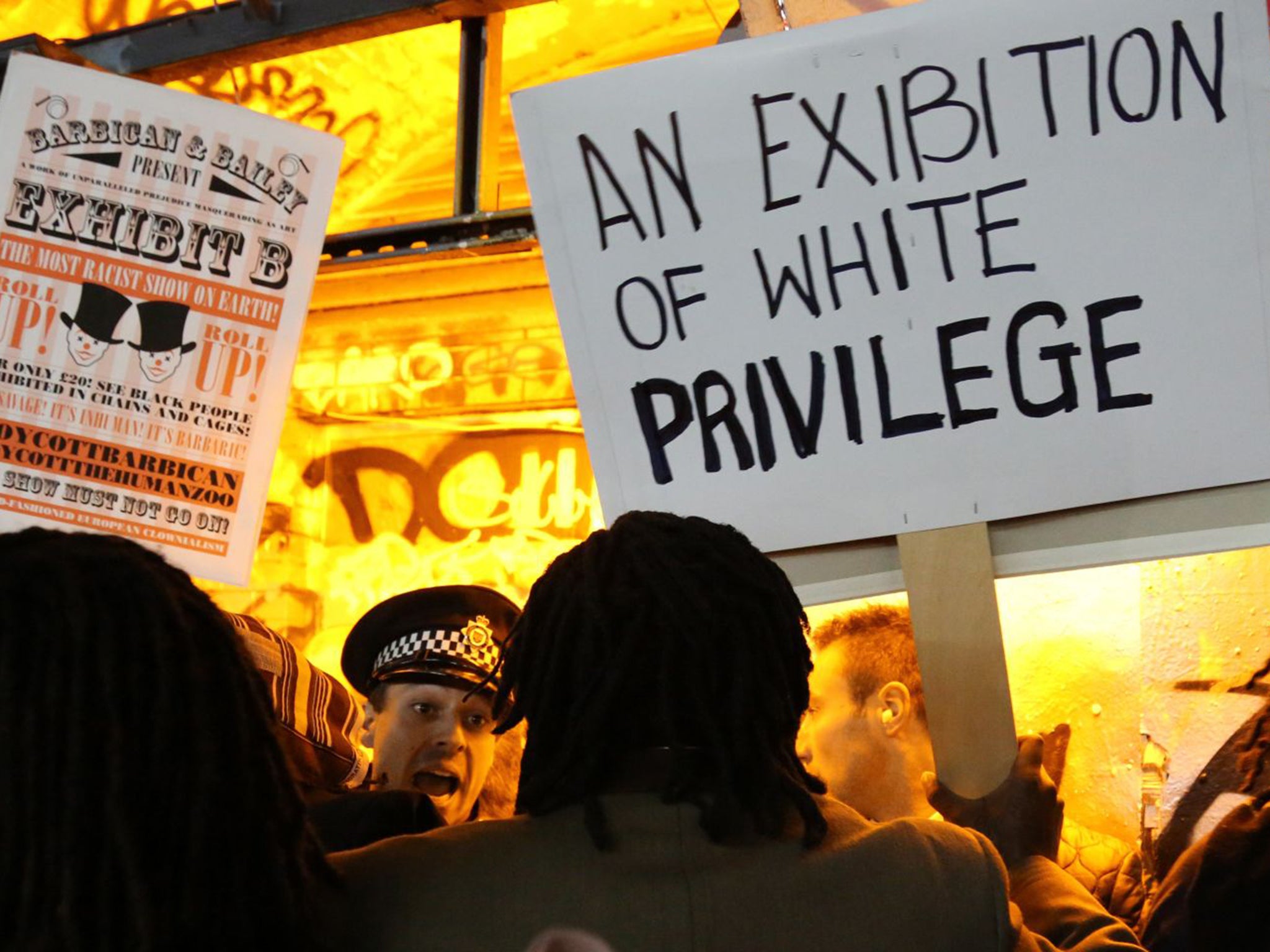 Protesters outside ‘Exhibit B’ at the Vaults Gallery