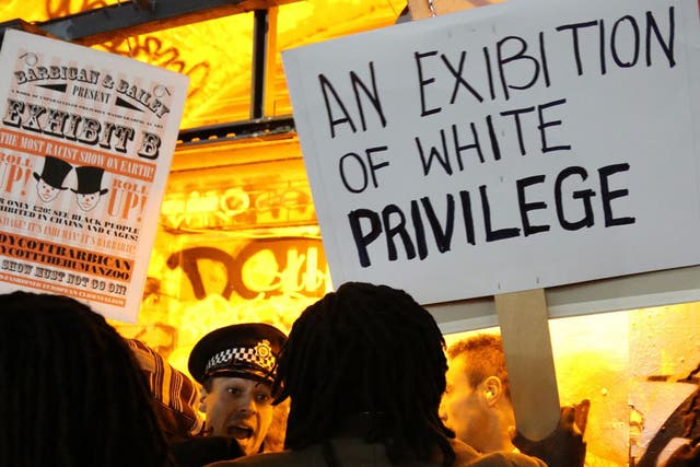Protesters outside Exhibit B at the Vaults Gallery last September