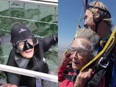 Skydiving great-granny continues 100th birthday celebrations by swimming with great white sharks 