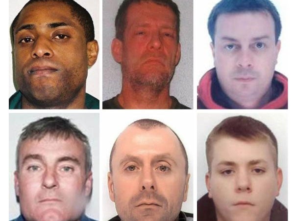 The National Crime Agency has revealed ten of Britain's most wanted fugitives who are believed to be on the run in Spain. Left to right: Paul Buchanan, Carlo Dawson, Anthony Dennis, Paul Monk, David McDermott, Michael Roden.